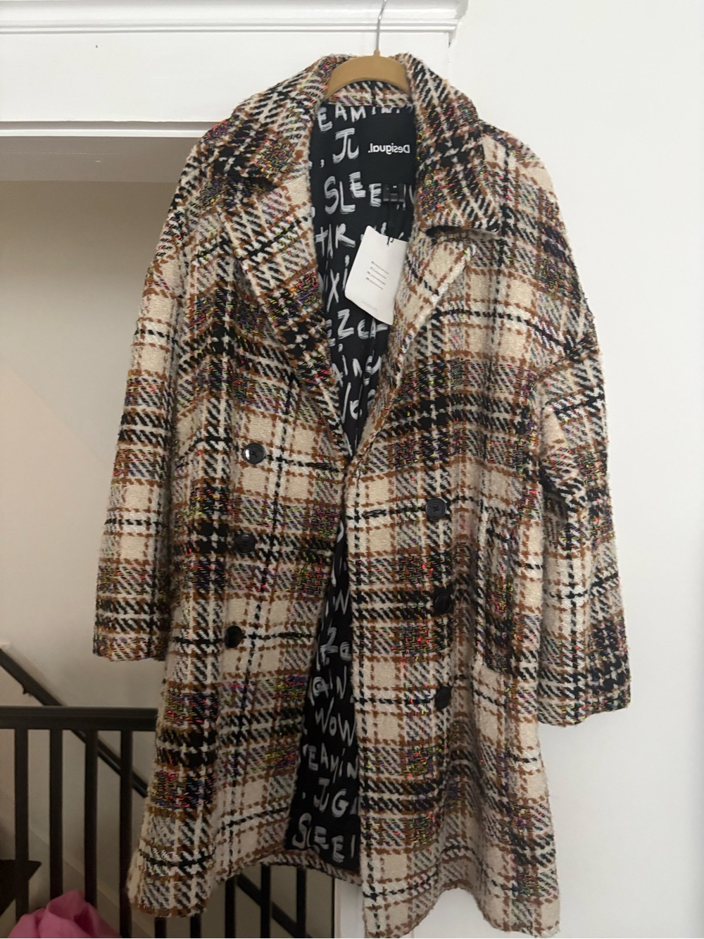 Desigual Cream Plaid Double-Breasted Pea Coat with Multicolor Tweed